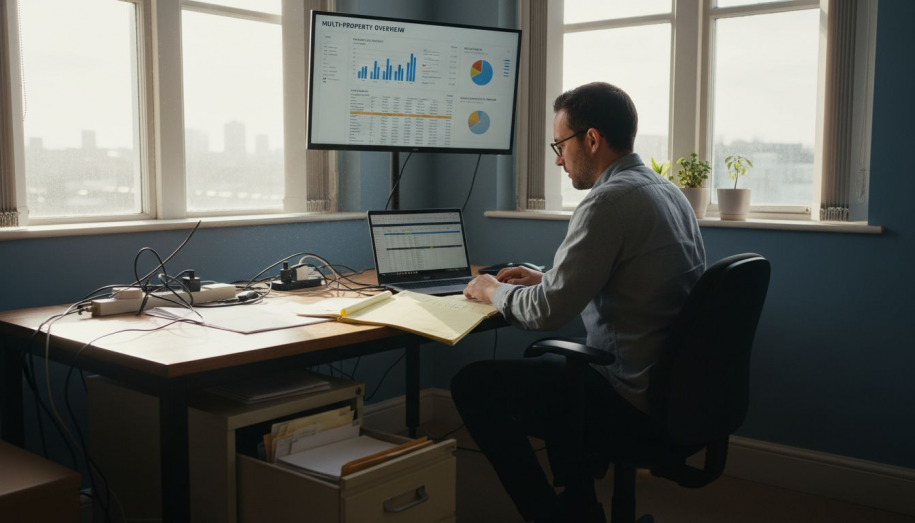 Property manager multitasking at cluttered corner office desk