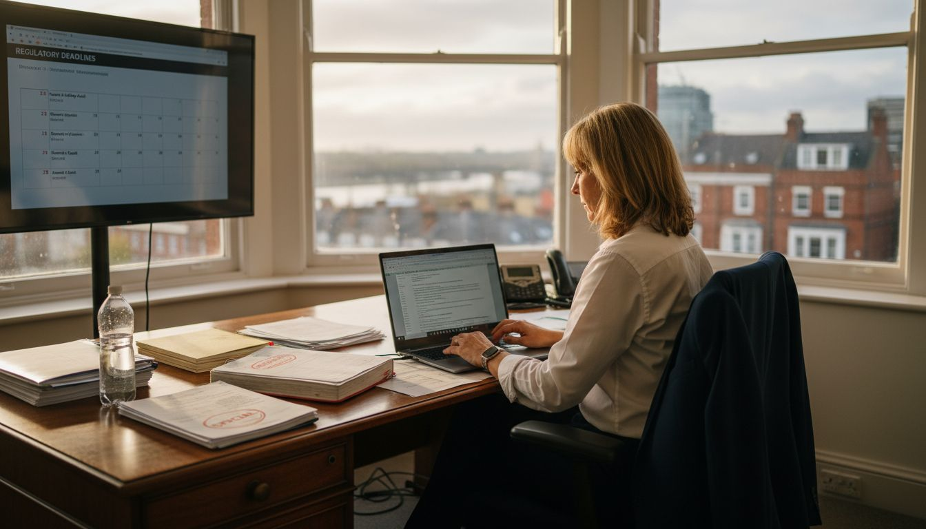 Property manager reviews compliance checklist in office