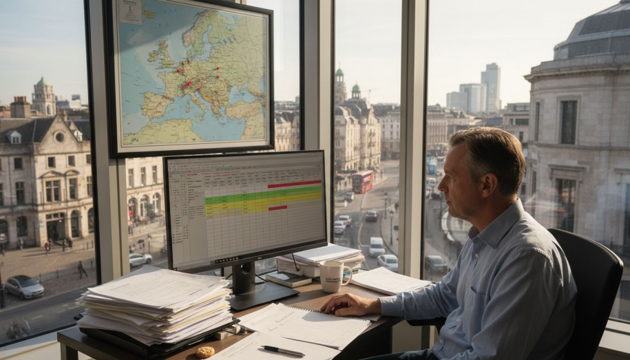 Property manager in European office reviewing spreadsheet