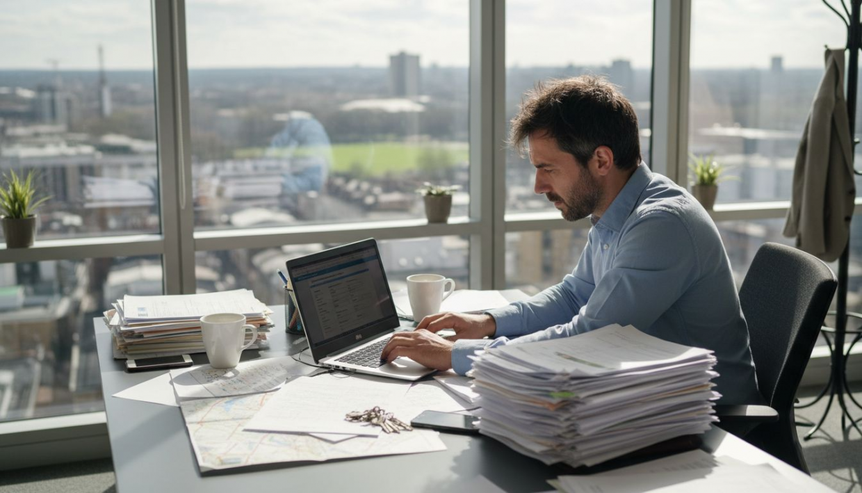 Property manager updating compliance system at desk