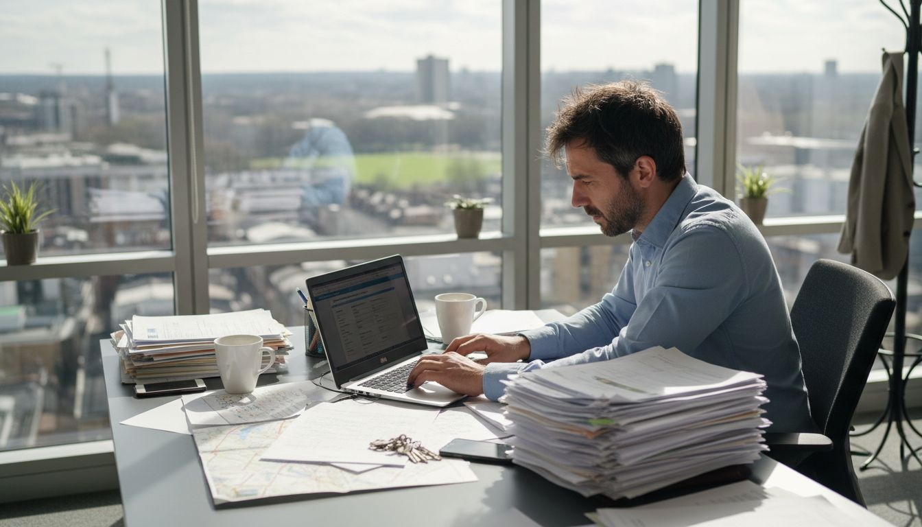 Property manager updating compliance system at desk