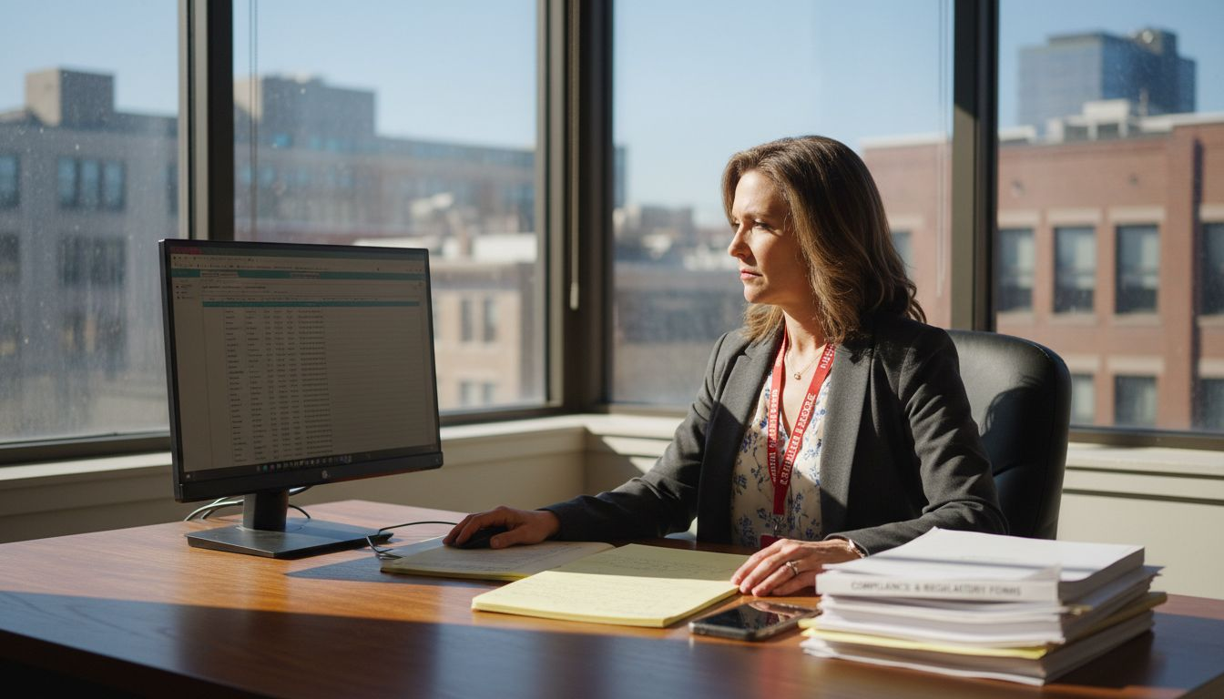 Property manager reviewing multi-property workflow at desk