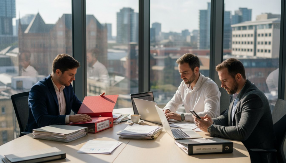 Property managers reviewing compliance documents