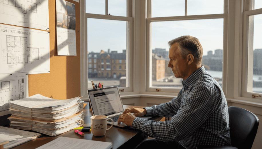 Property manager at desk handling compliance tasks