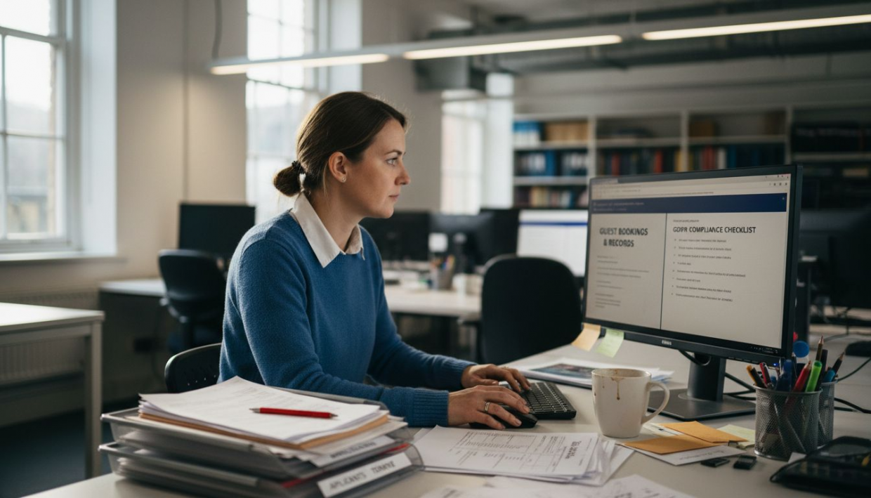 Rental manager working on GDPR compliance at desk