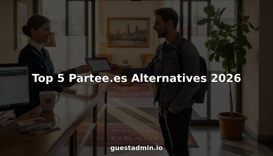 Hotel guest using tablet at check-in desk