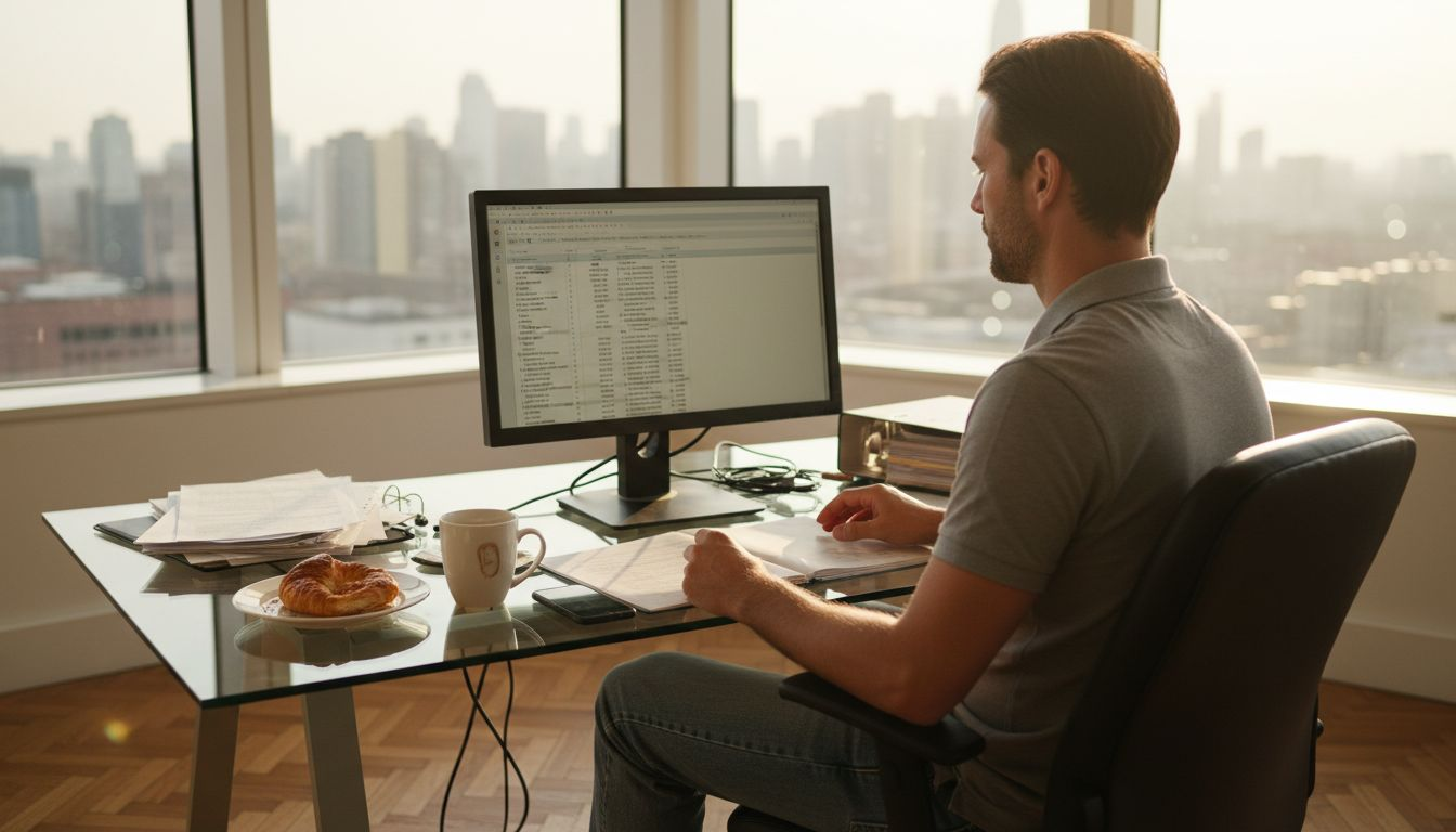Property manager reviewing compliance reports at desk