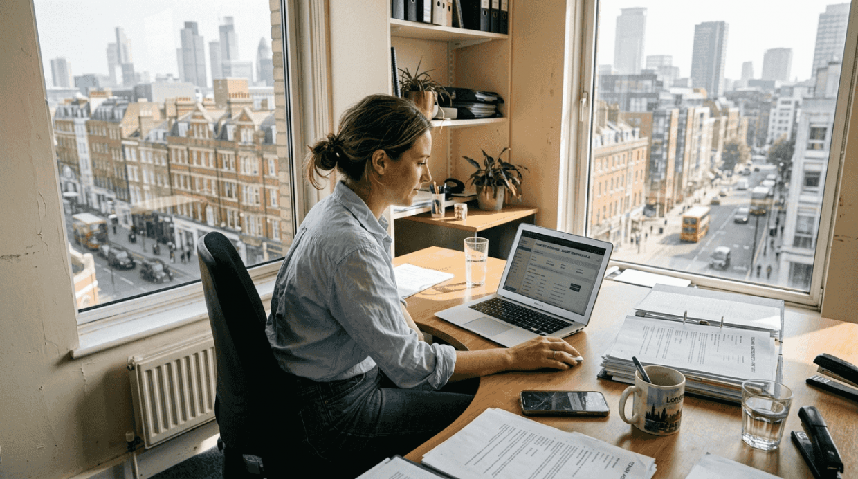 Property manager reviewing rental bookings in office