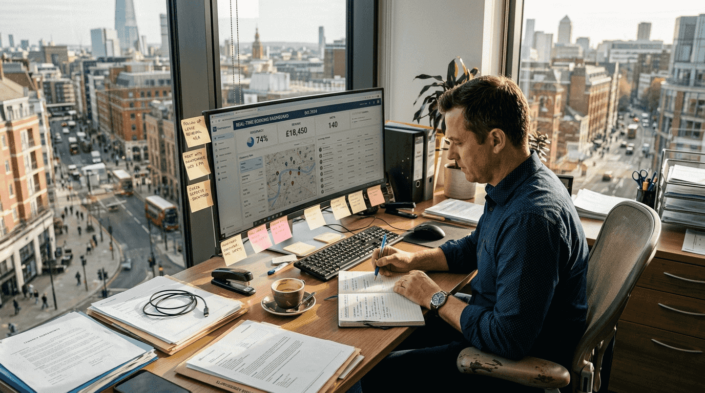 Property manager reviewing real-time booking dashboard