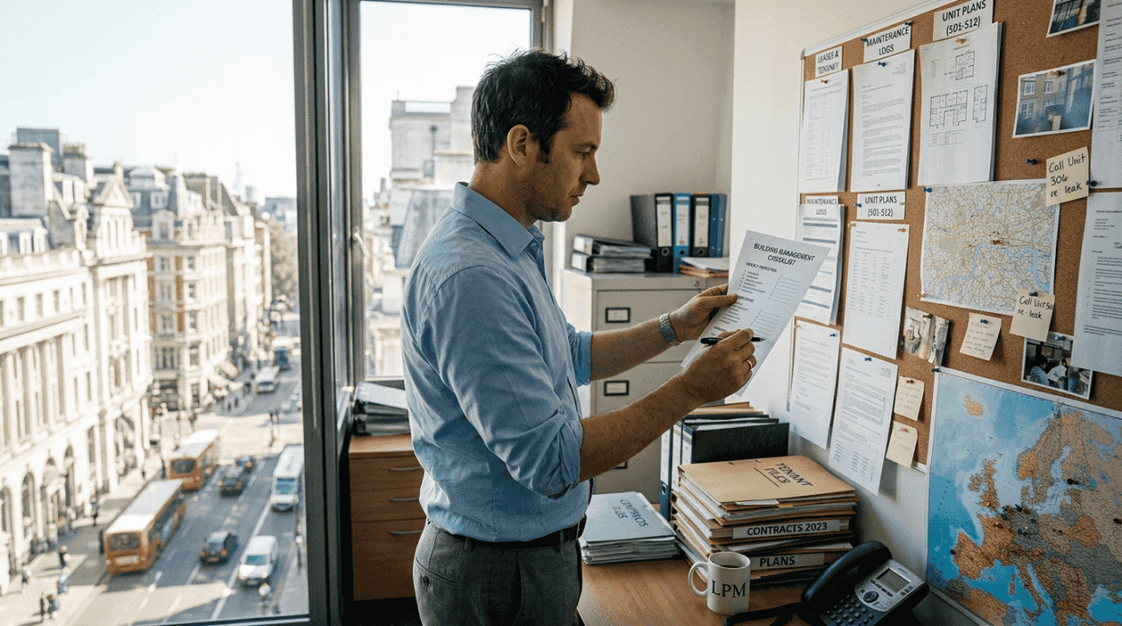 Property manager reviewing compliance checklist in office