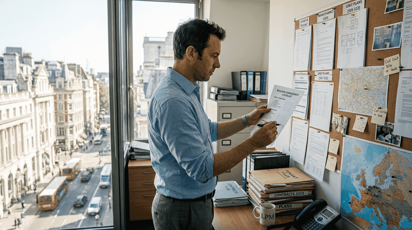 Property manager reviewing compliance checklist in office