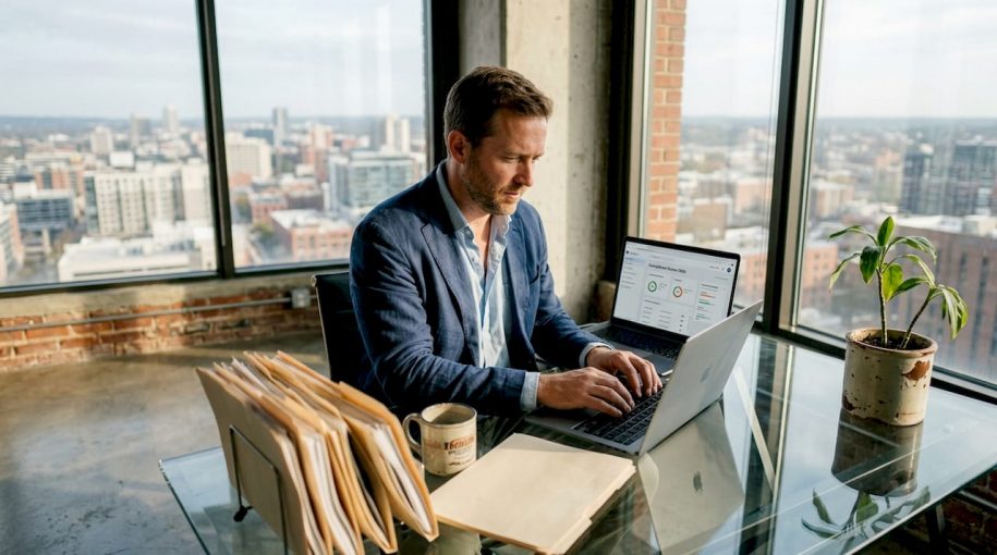 Property manager in corner office using dashboard