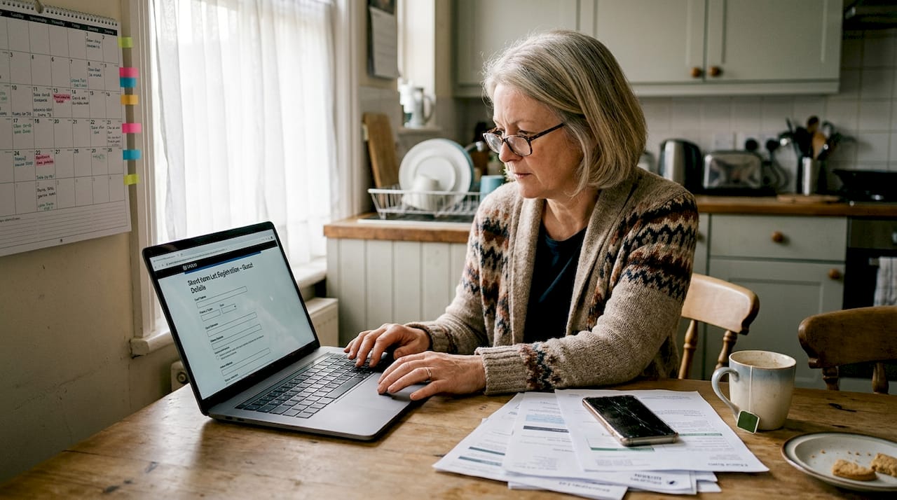 Property owner entering rental guest data at kitchen table