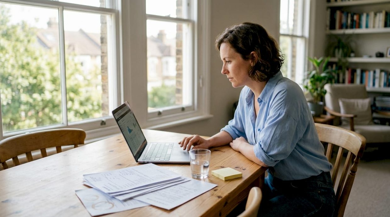 Woman reviews rental compliance dashboard