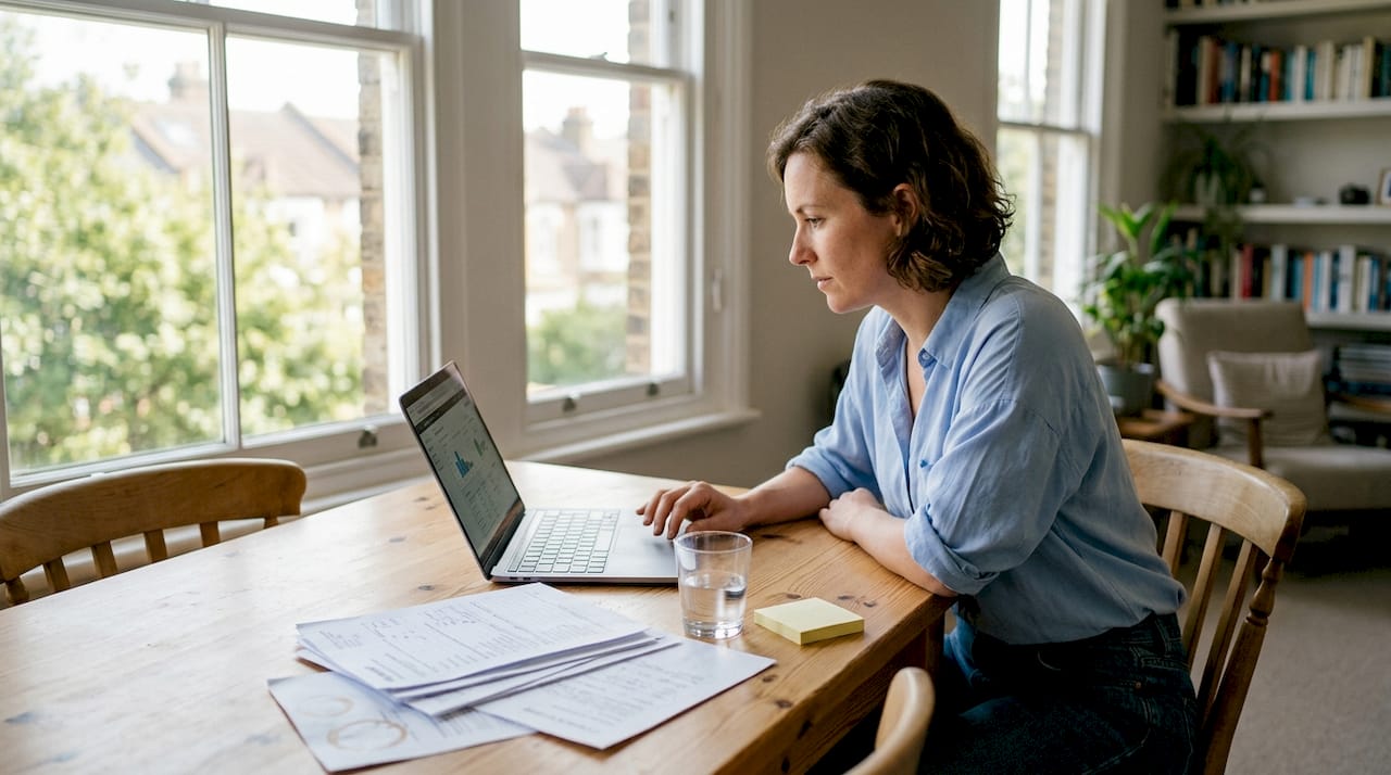 Woman reviews rental compliance dashboard