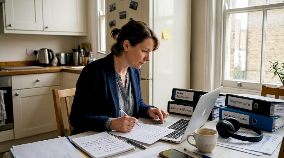 Property manager reviewing compliance documents at home