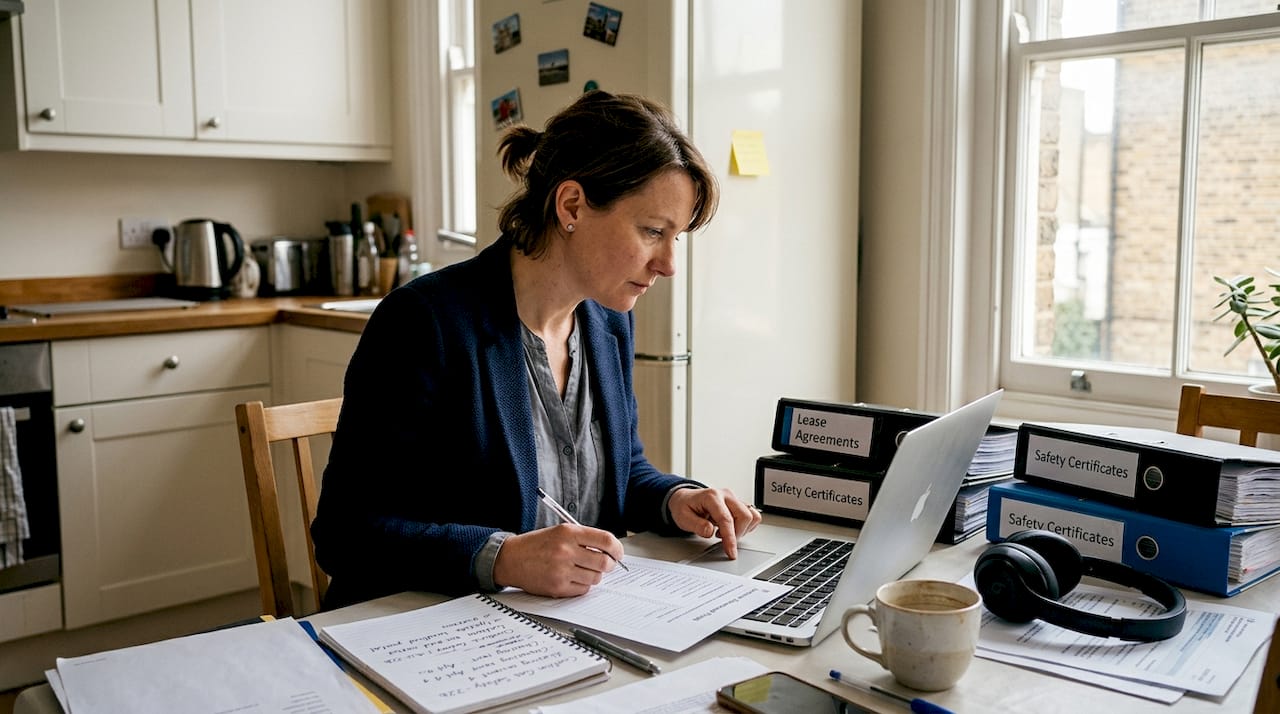 Property manager reviewing compliance documents at home