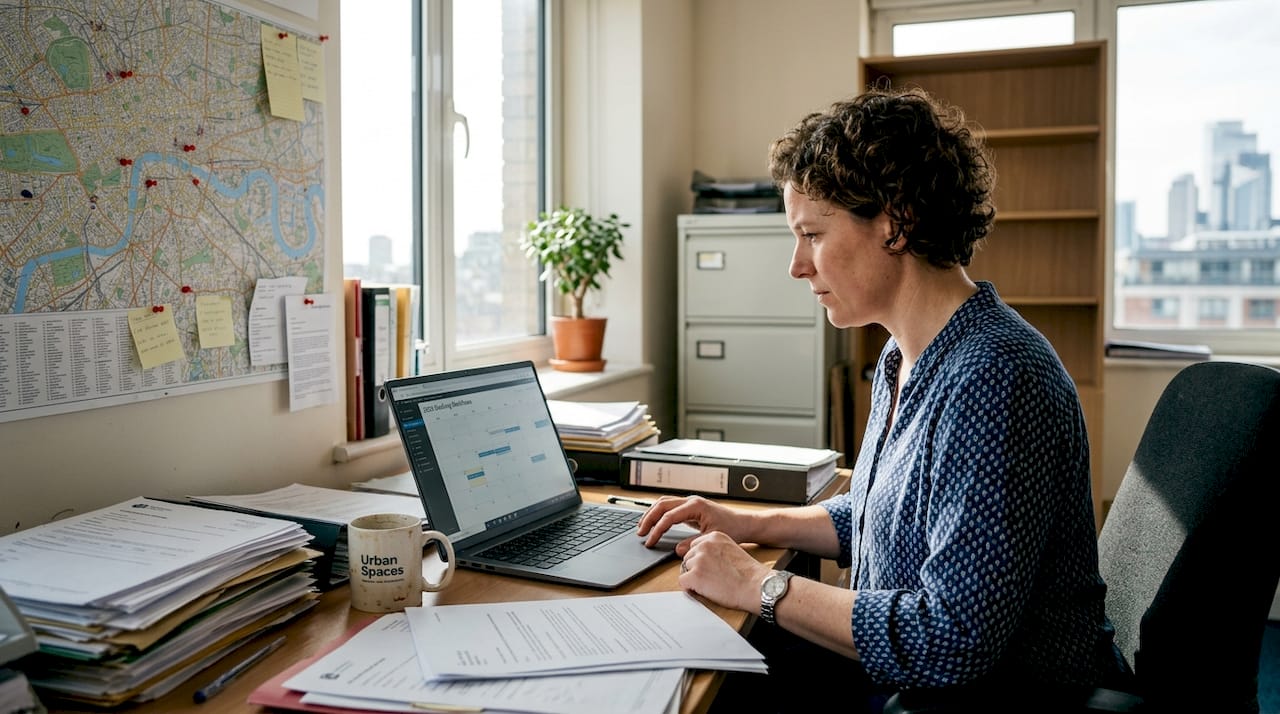 Property manager checks booking compliance in office