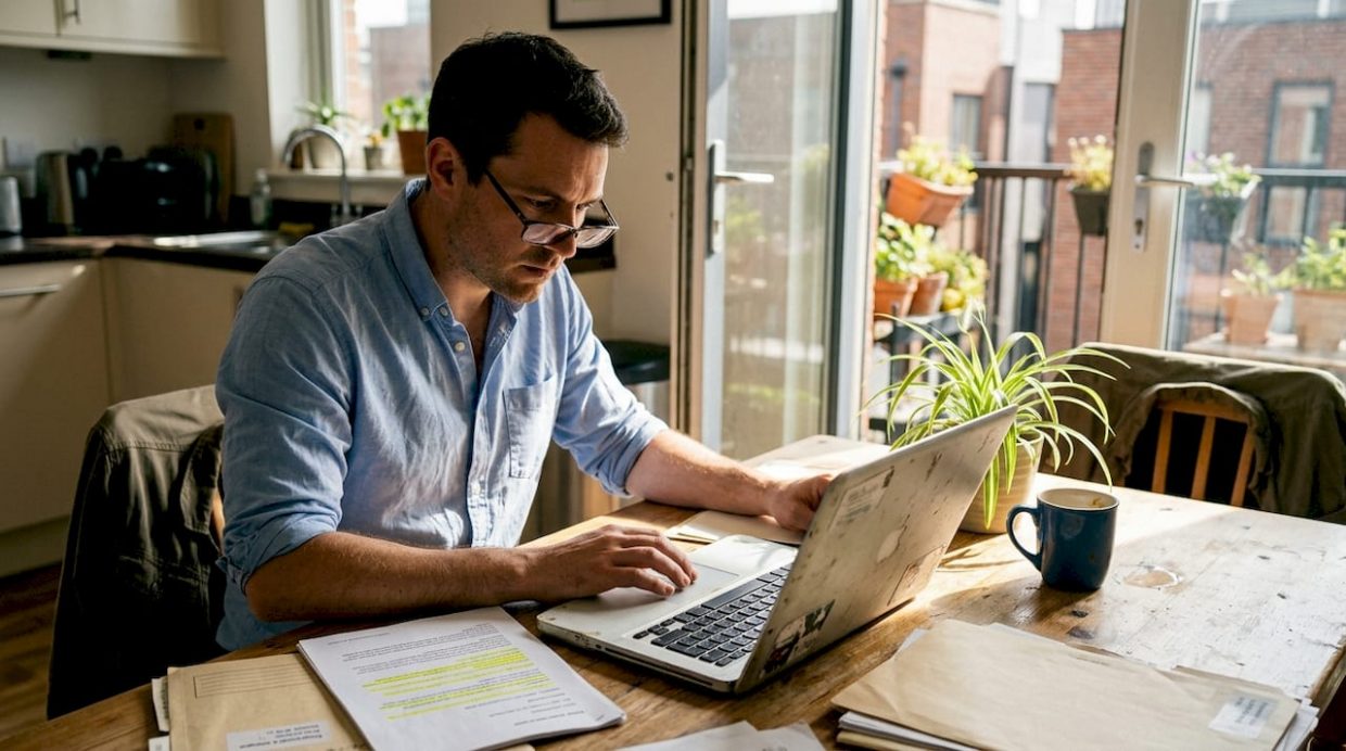 Property manager reviewing compliance checklist in kitchen