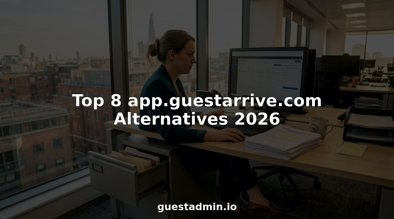 Property manager working on compliance software at city office