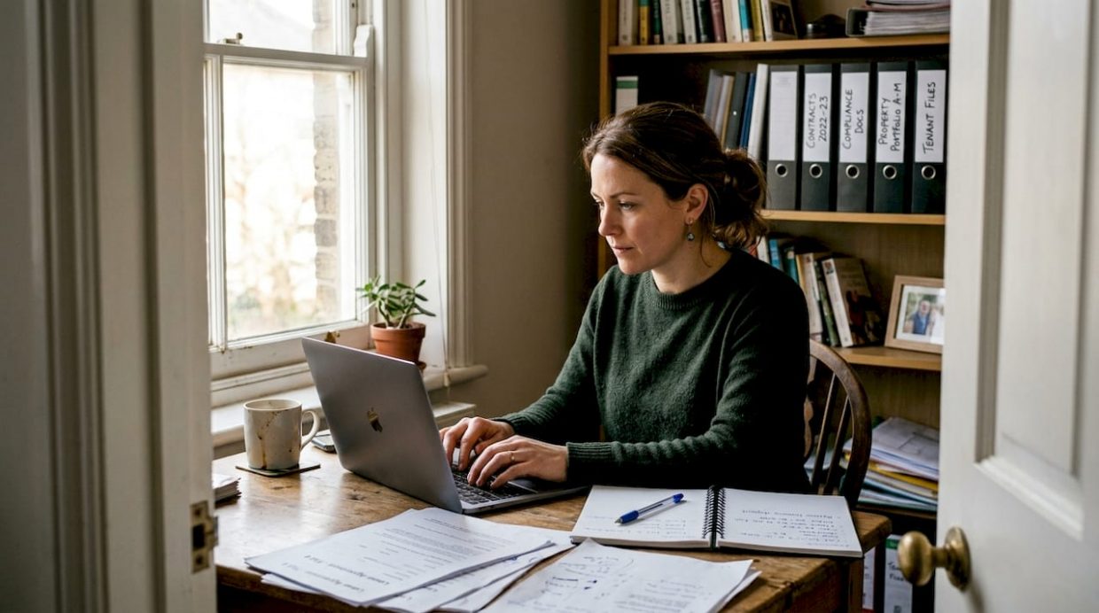 Property manager in home office near compliance files