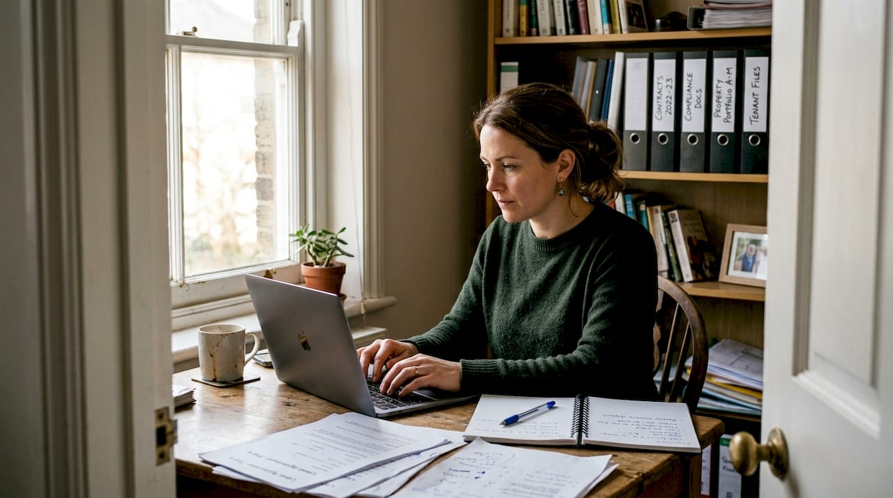 Property manager in home office near compliance files