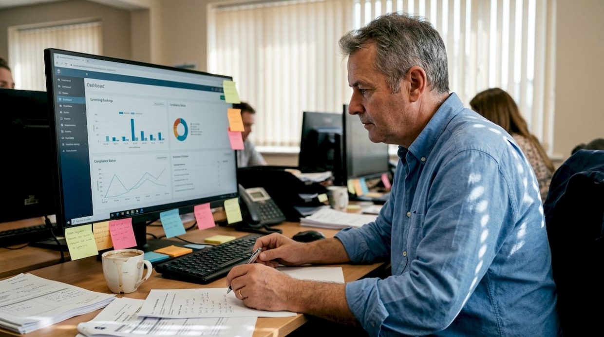 Property manager checking booking dashboard in office