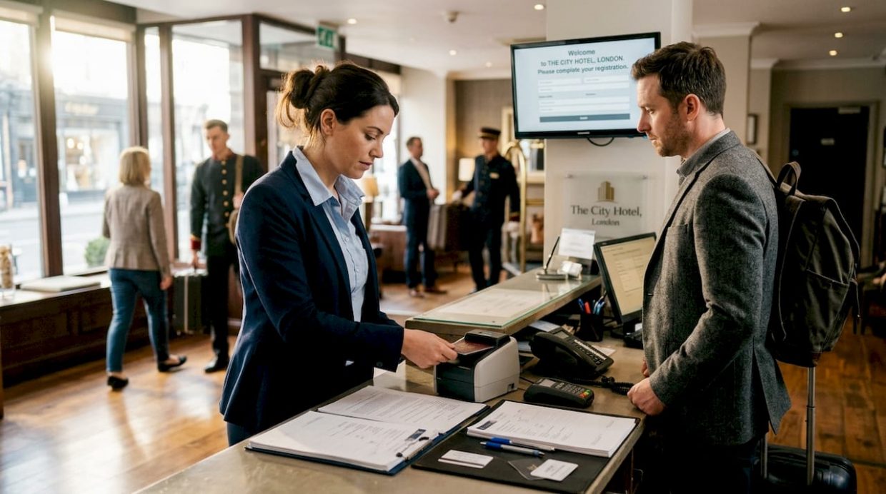 Receptionist scans guest passport at hotel desk