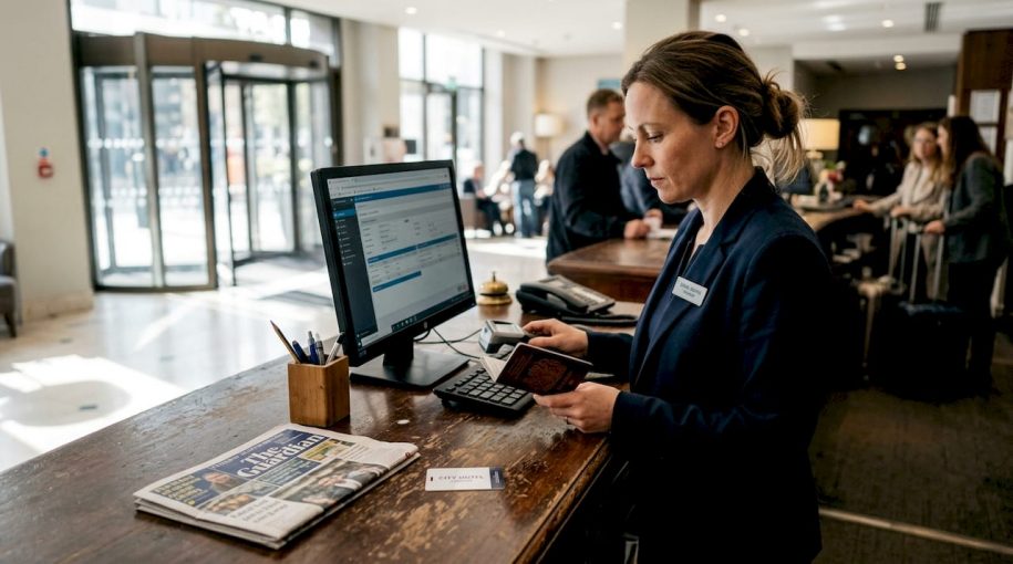 Manager scanning guest passport at hotel desk