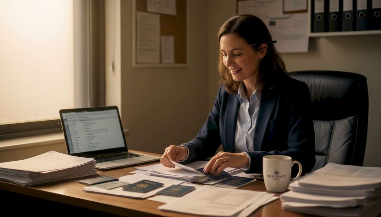 Hotel manager sorting compliance paperwork
