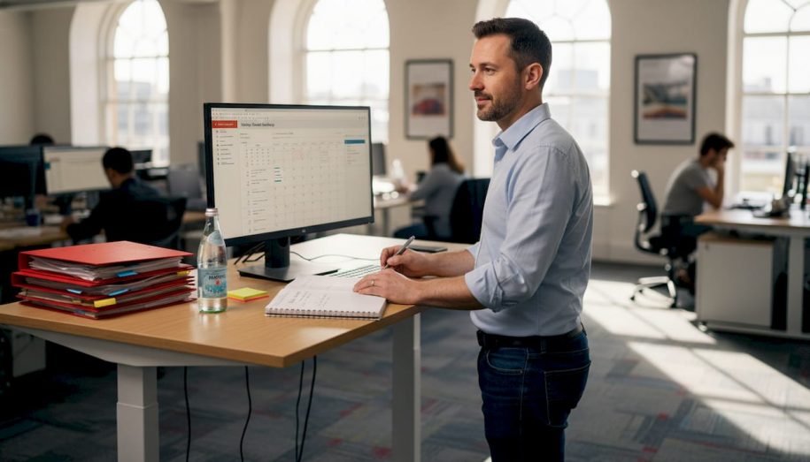 Property manager reviewing booking workflow at desk
