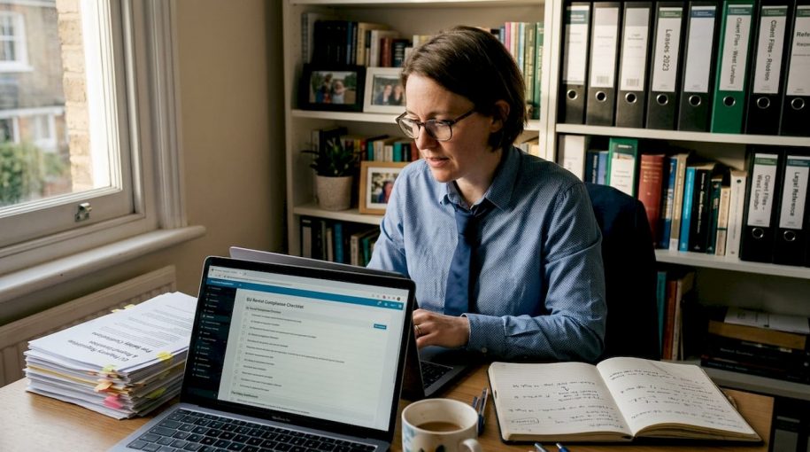 Property manager reviewing rental compliance paperwork