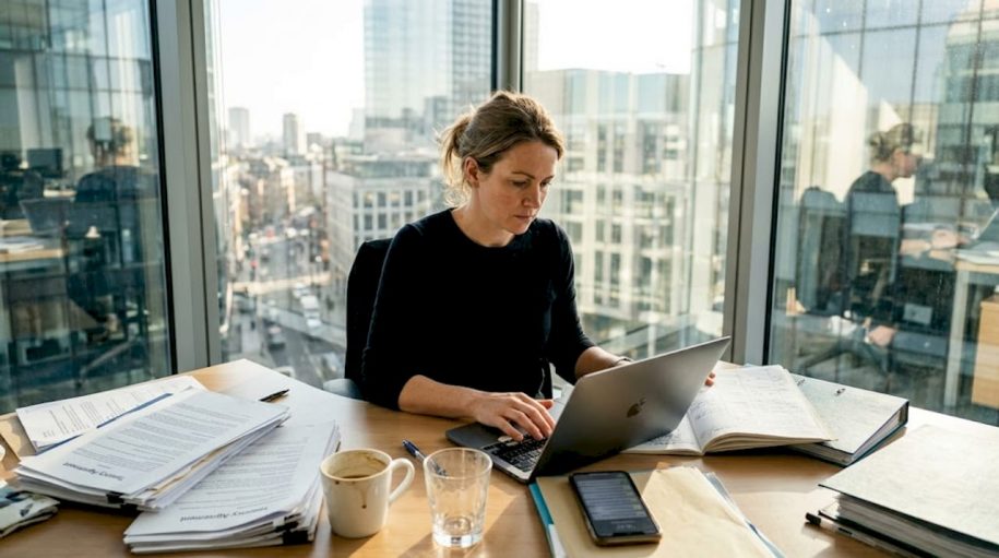 Property manager working with PMS system in office