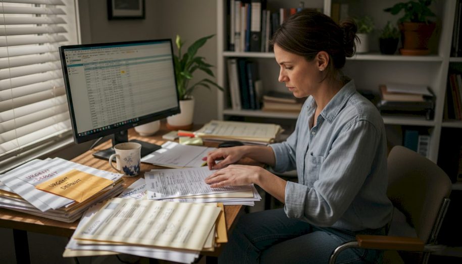 Property manager organizing rental paperwork at desk