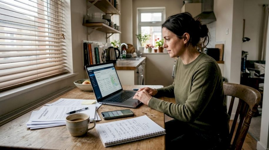 Property manager checks rental dashboard at kitchen table