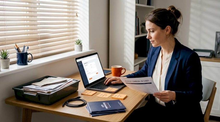 Manager registering guests for compliance in home office