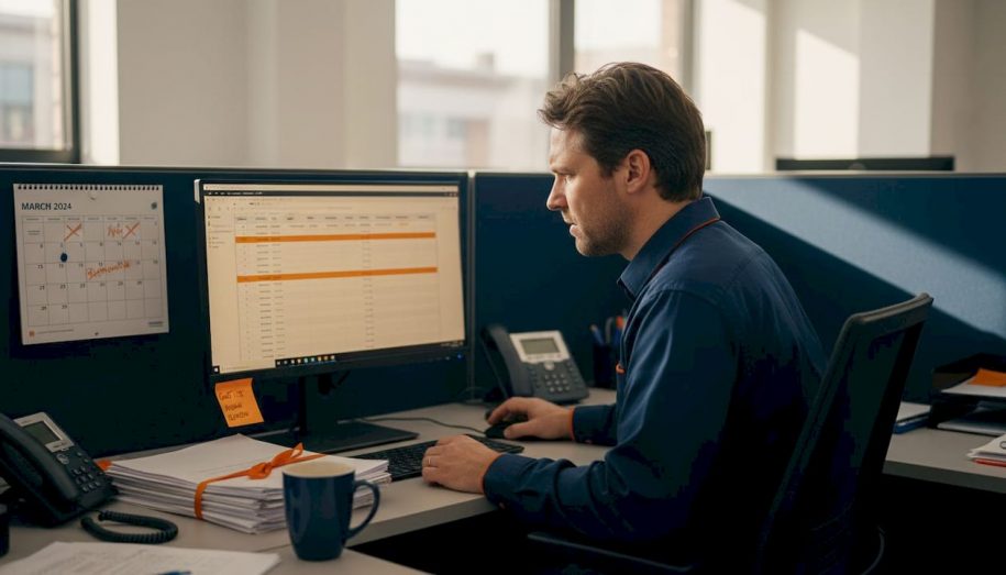Manager processing booking data in open-plan office