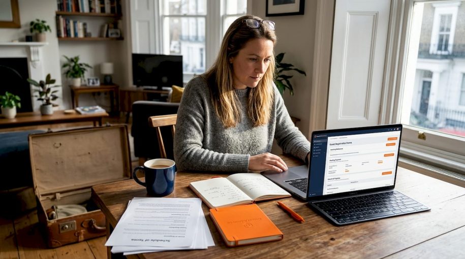 Property manager reviews guest forms at kitchen table