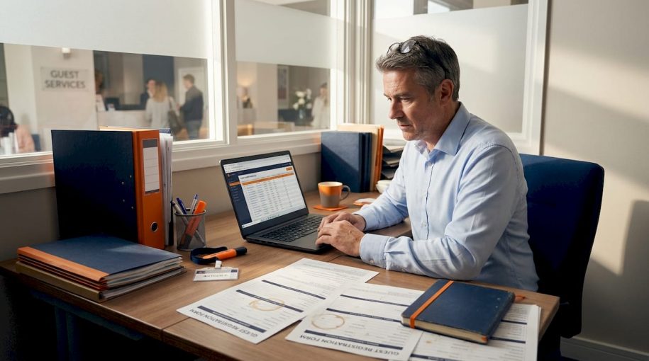 Hotel manager reviewing compliance documents