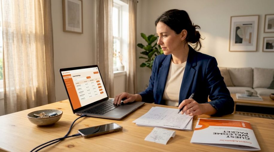 Property manager reviewing guest data at kitchen table