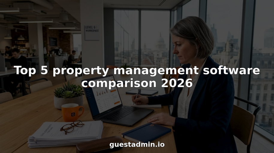 Property manager reviews software dashboard in workspace