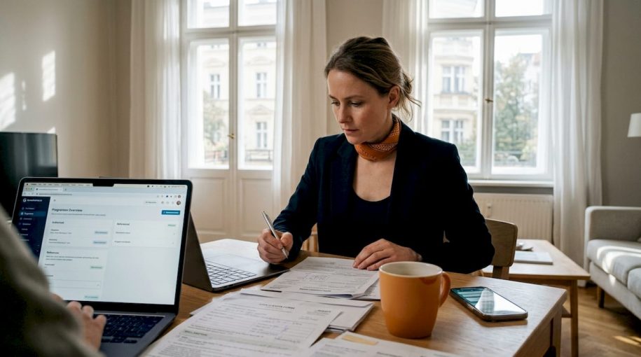 Woman reviews rental compliance paperwork at home table
