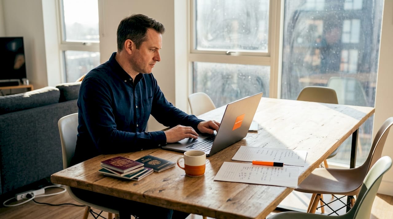 Property manager uploading guest documents on laptop
