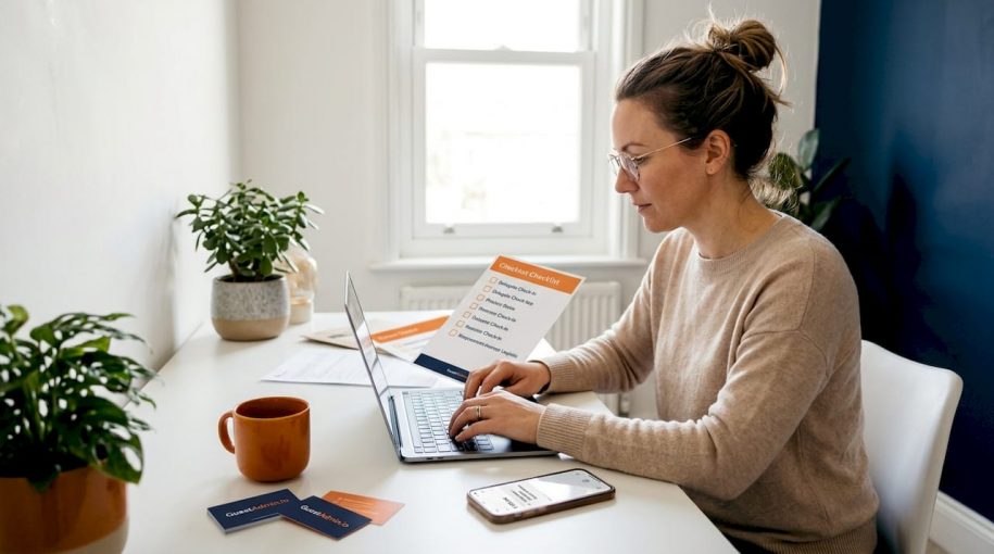 Woman organizing guest compliance at home office desk