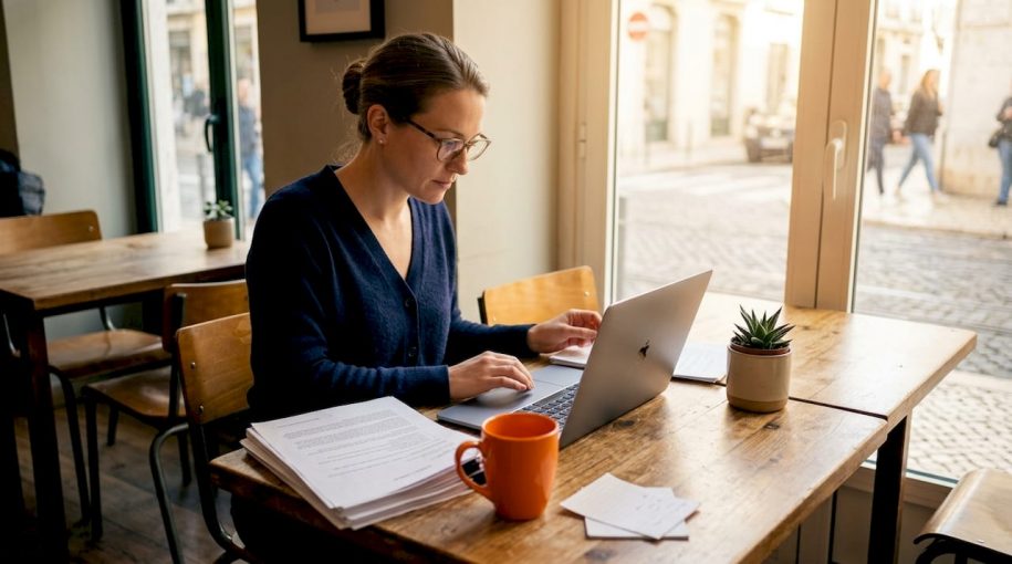 Woman managing short-term rental compliance at home