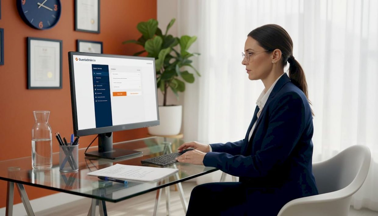 Property manager using guest registration platform at desk