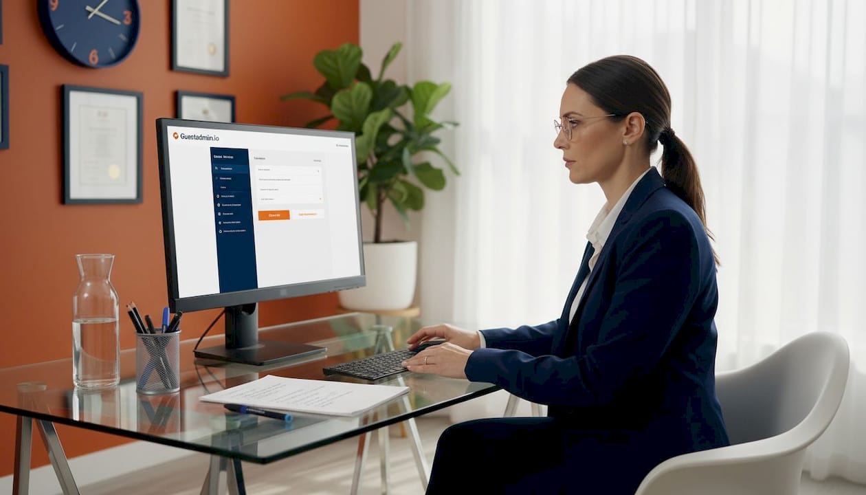 Property manager using guest registration platform at desk