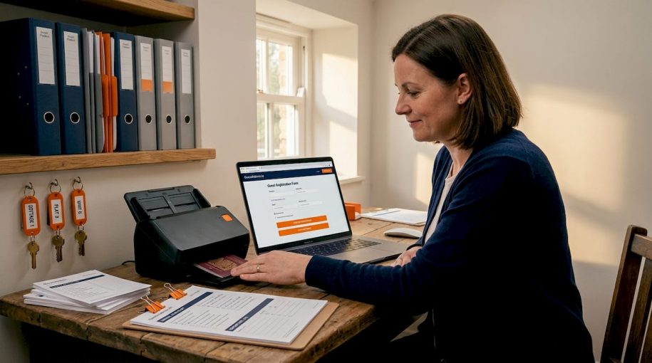 Property manager processing guest check-in documents