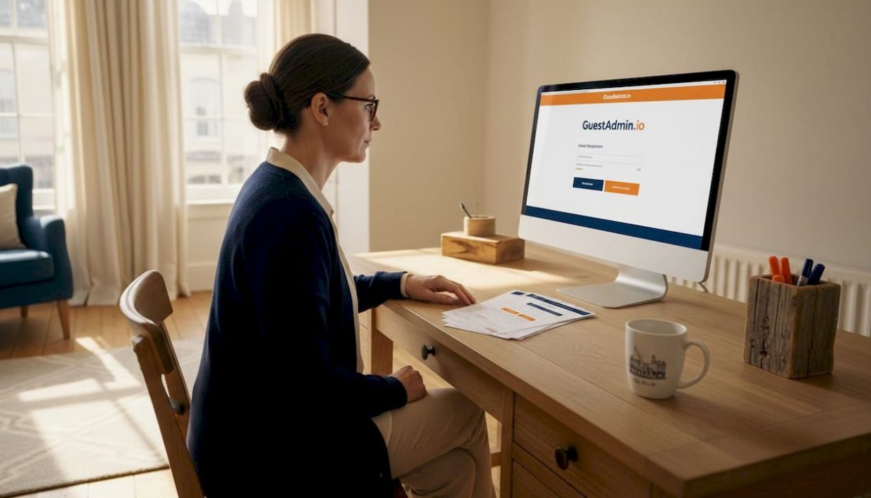 Property manager reviewing guest check-ins on desktop
