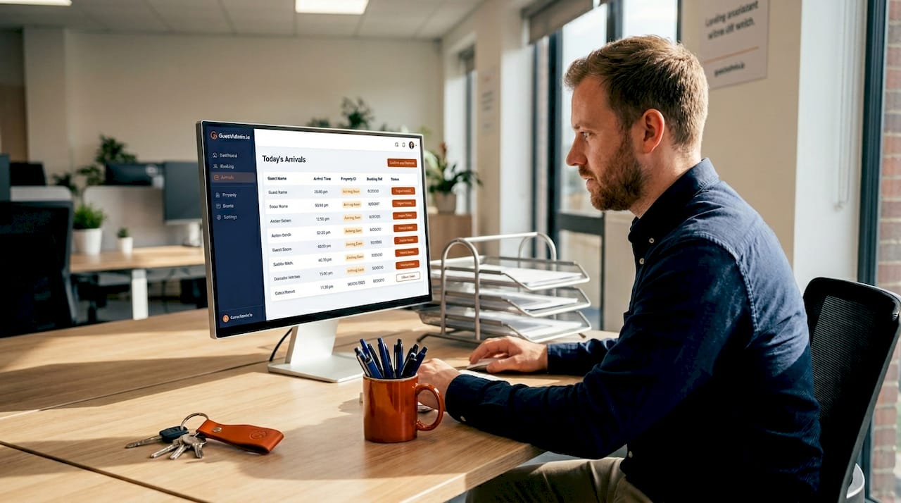 Property manager using booking dashboard in office